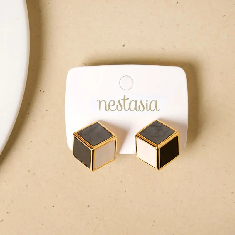 Tri-Color Cube Huggie Earrings – Geometric Mixed-Metal Accent 1