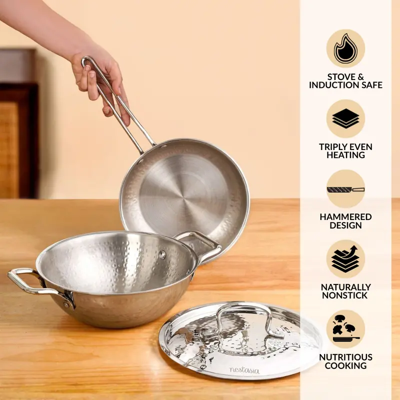 Triply Hammered Stainless Steel Cookware Set: Frying Pan + Deep Kadai With Lid 1