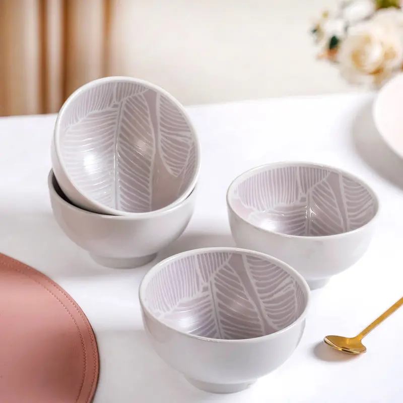Tropica Light Mauve Banana Foliage Ceramic Bowl Set – 4-Piece, 325Ml Each 1