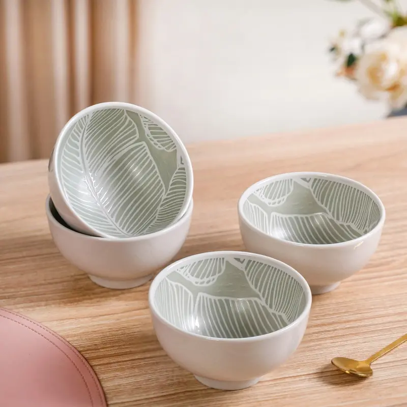 Tropica Mint Banana Leaf Embossed Ceramic Bowl Set – 4 Small Bowls, 325Ml 1