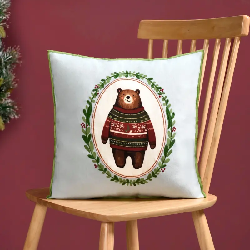 Tufted Bear Motif Embroidered Cotton Cushion Cover – 40X40Cm 1