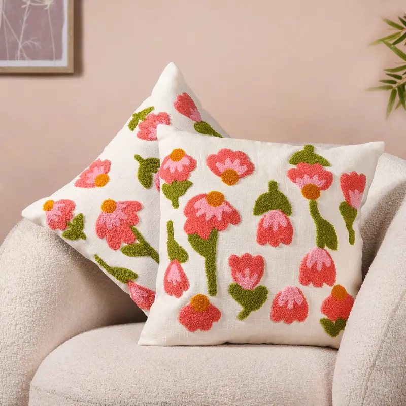 Tulip Embroidered Soft Pillow Cover Set – Two 40X40 Cm Botanical-Themed Covers 1