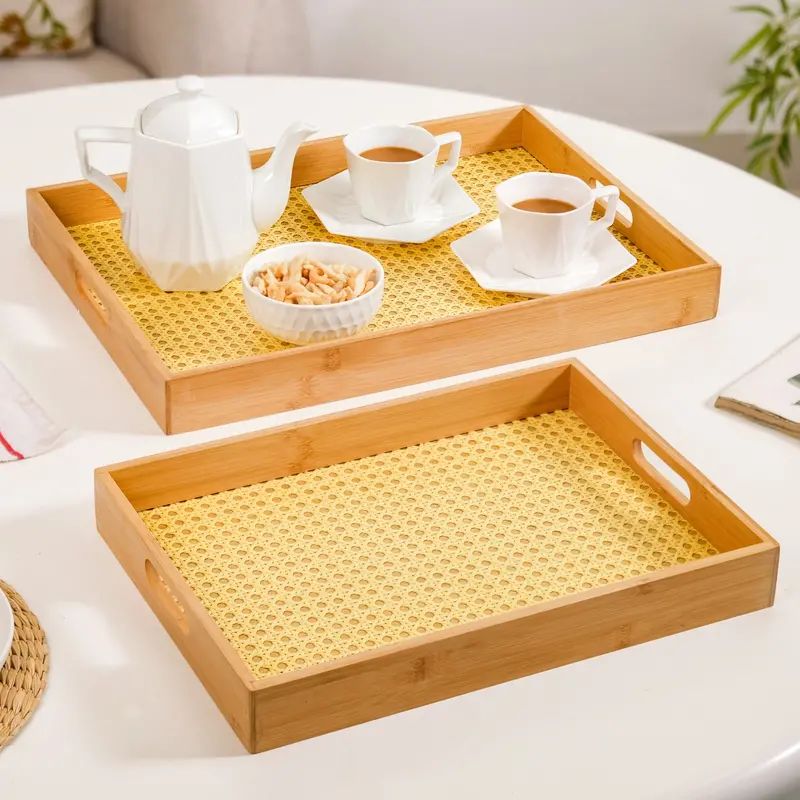 Twin Bamboo And Rattan Serving Trays With Natural Texture 1