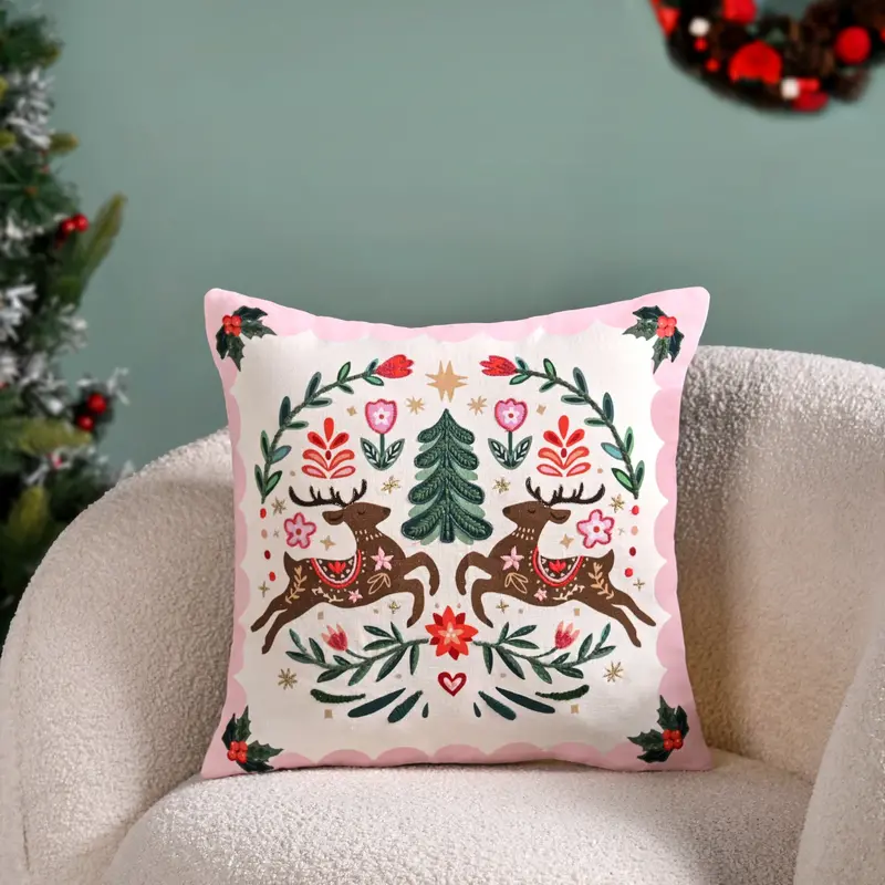 Twin Reindeer Embroidered Cushion Cover – 40X40Cm 1
