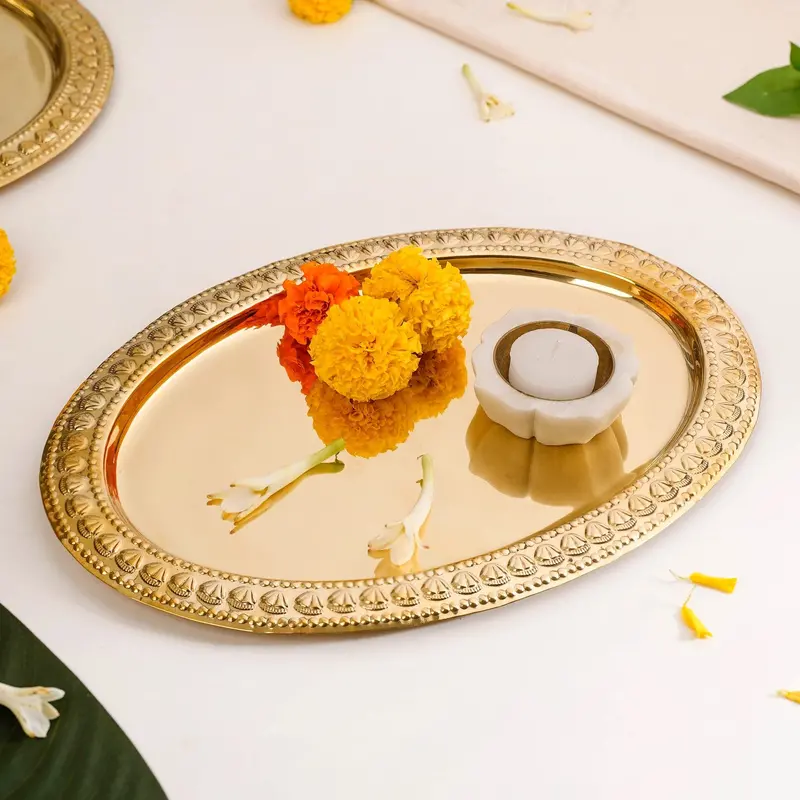 Veda Pure Brass Oval Tray With Embossed Floral Motif (32×22 Cm) 1