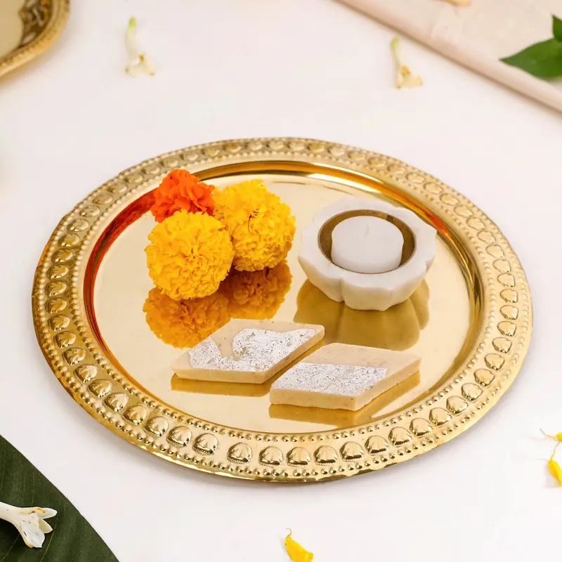 Veda Pure Brass Round Serving Tray With Decorative Embossing (26 Cm) 1