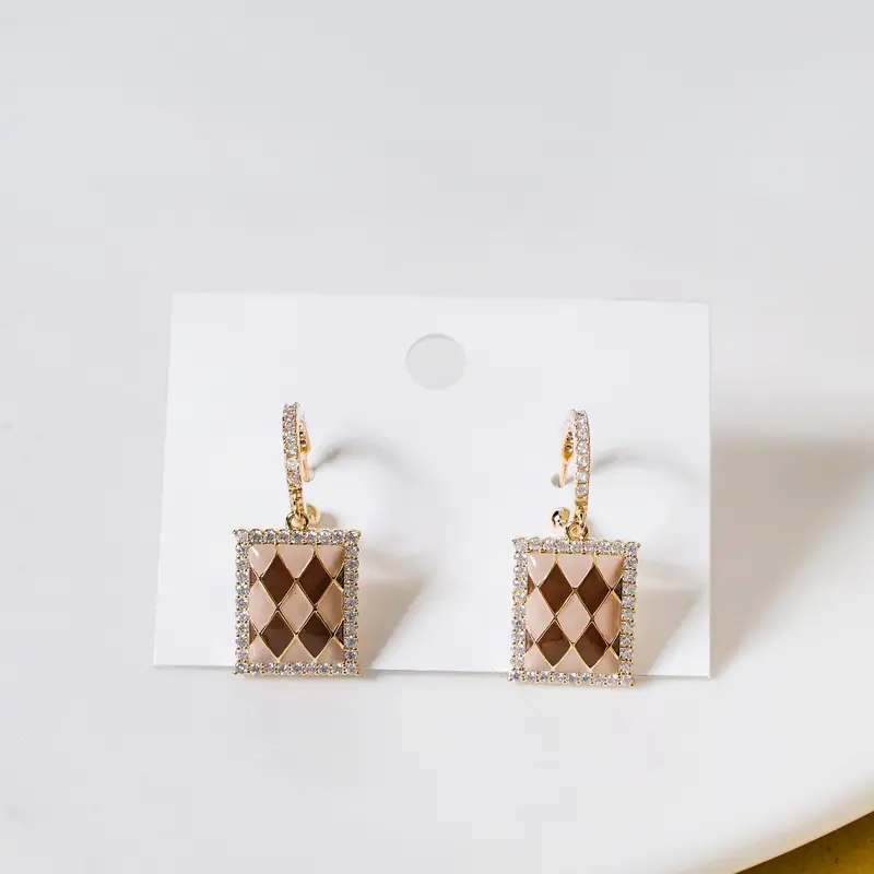 Venice-Inspired Checkerboard Drop Earrings In Brown & Beige 1