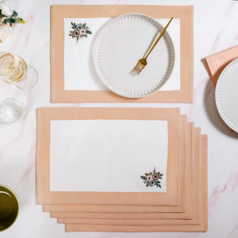 Ventosa Peach Floral Embroidered Cotton Placemats (6-Piece) 1