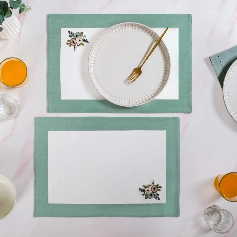Ventosa Teal Floral Embroidered Cotton Placemats (6-Piece) 1