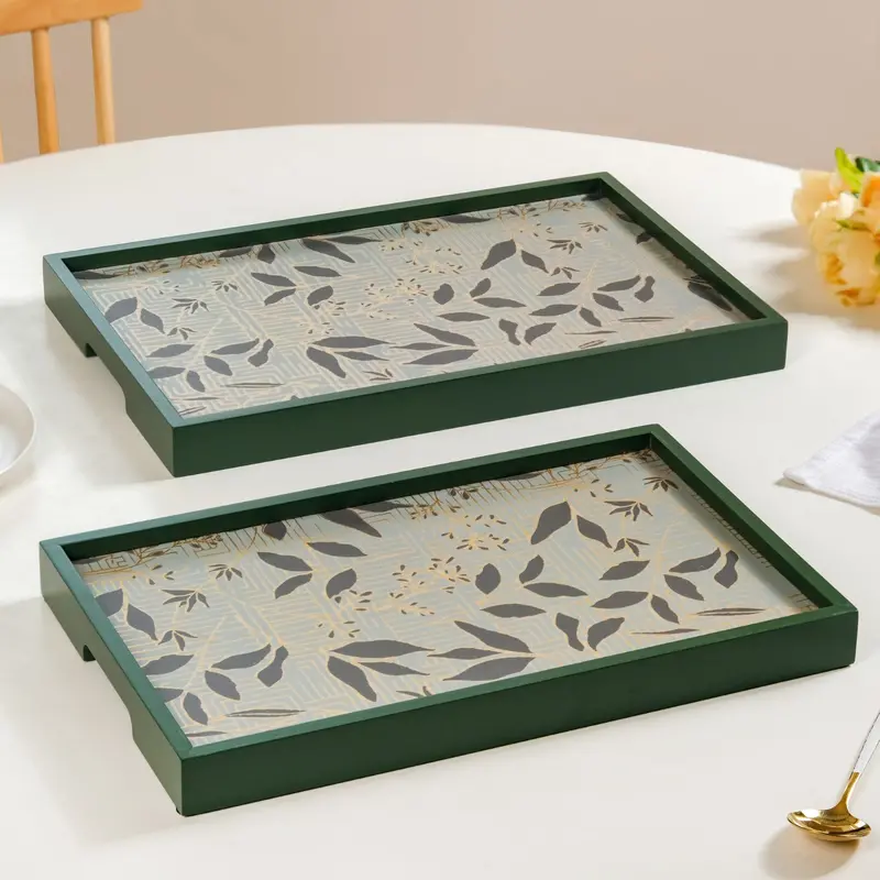 Verdantia Wooden Tea Tray Set – 2 Green Trays With Matte Gold Detailing 1