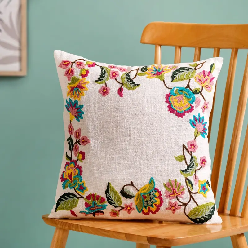 Vibrant Floral Embroidered Cotton Canvas Cushion Cover – 40X40Cm Boho Pillow Case 1
