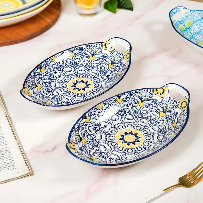 Vibrant Yellow-And-Blue Mandala Ceramic Platter Set – 2 Pieces 1