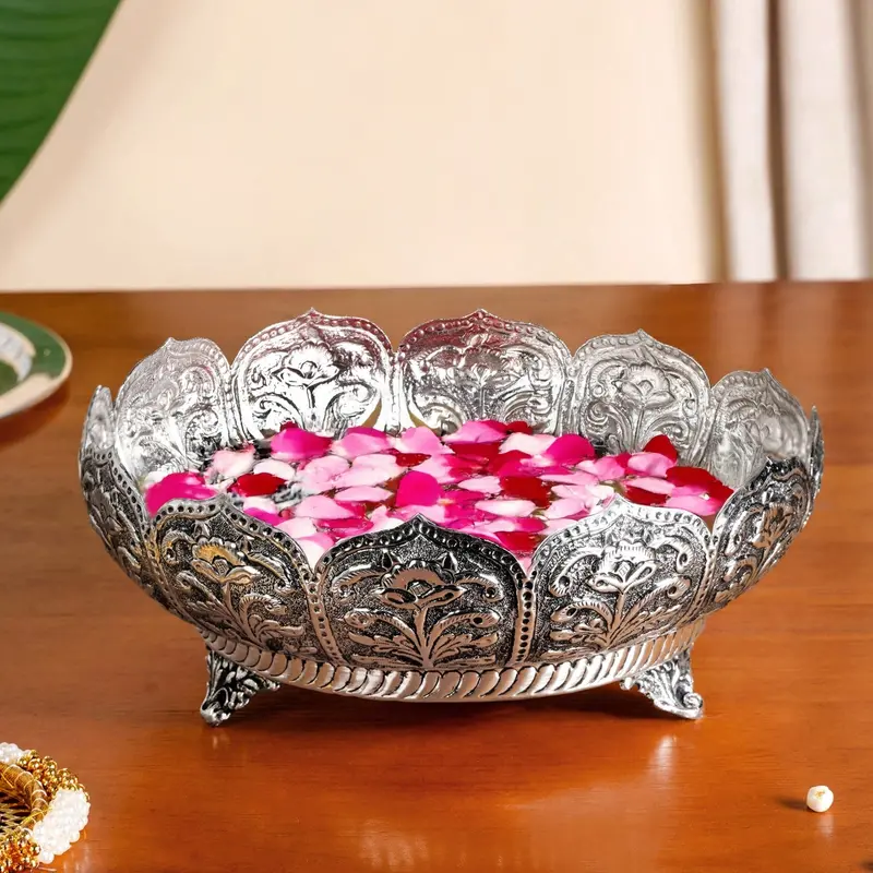 Vintage-Style Engraved Brass Urli Bowl With Silvery Finish – 22 Cm Diameter 1