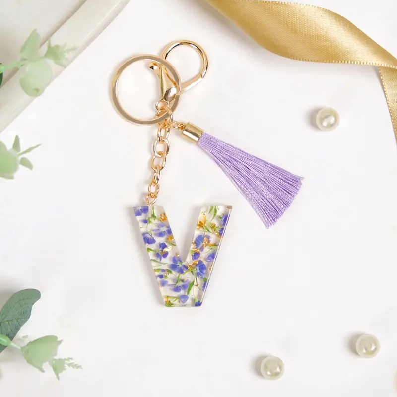 Violet Whimsy Pressed Flower Keychain With V Initial 1
