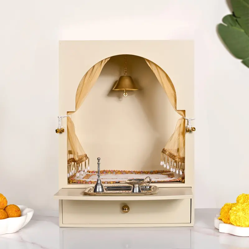Wall-Mounted Mandir Set – Medium Size With Bell, Curtain, Aasan, Ghanti, Diya & Puja Thali 1