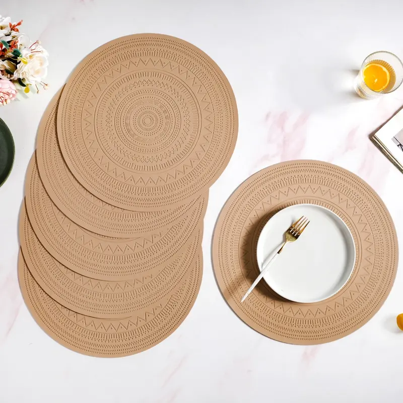 Warli-Embossed Beige Round Table Mat Set (6-Pack) 1