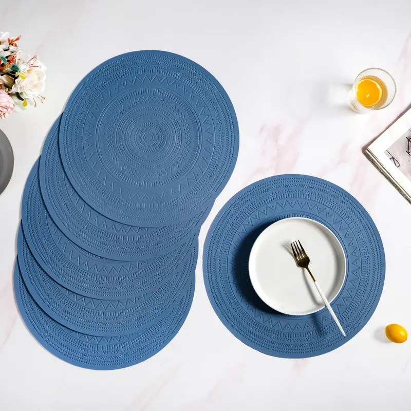 Warli-Embossed Blue Round Table Mat Set (6-Pack) 1