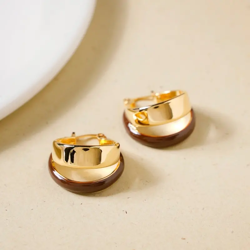 Warm Brown Dual-Layer Hoop Earrings – Textured Metallic Pair 1