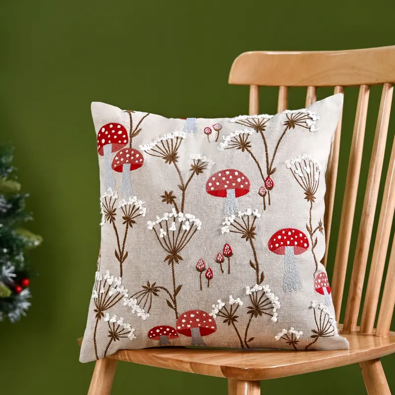 Whimsical Mushroom And Dandelion Cotton Cushion Cover (40X40 Cm) 1