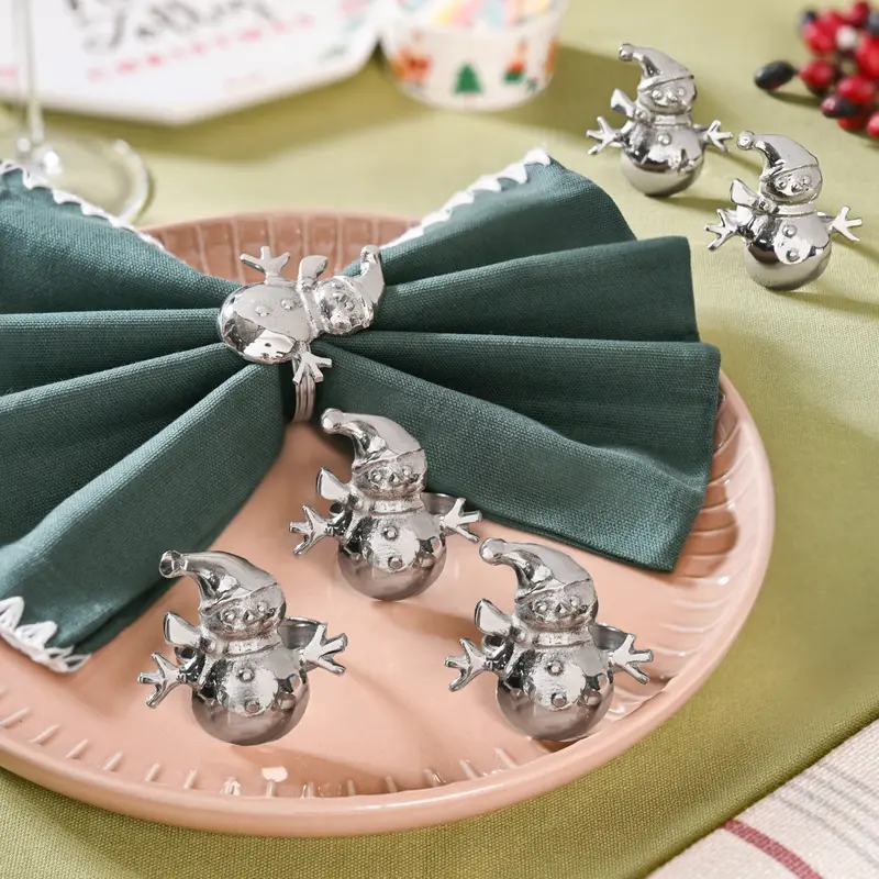 Whimsical Snowman-Shaped Brass Napkin Rings – Silver-Plated Set Of Six 1