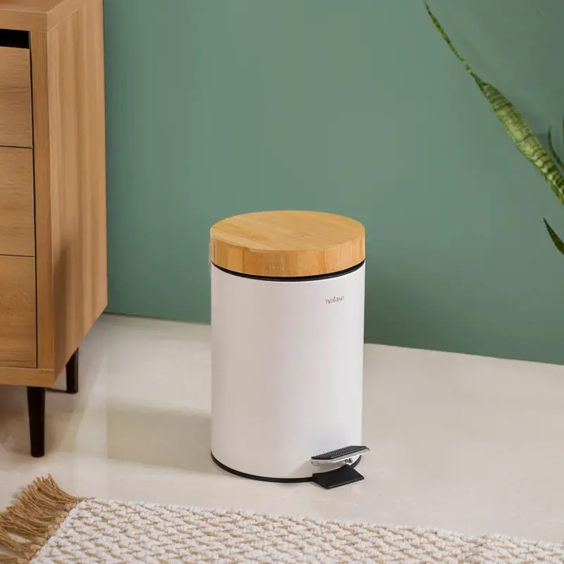 White 3L Bamboo-Topped Metal Dustbin With Detachable Inner Container 1