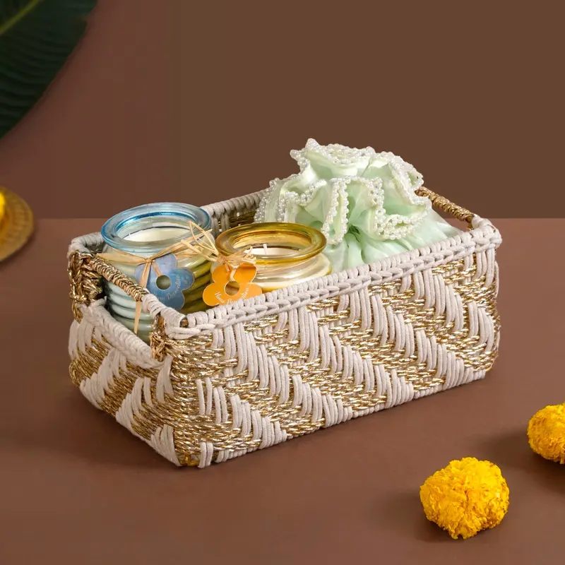 White-And-Gold Handwoven Gift Basket With Handles – Refined Woven Hamper For Special Occasions 1