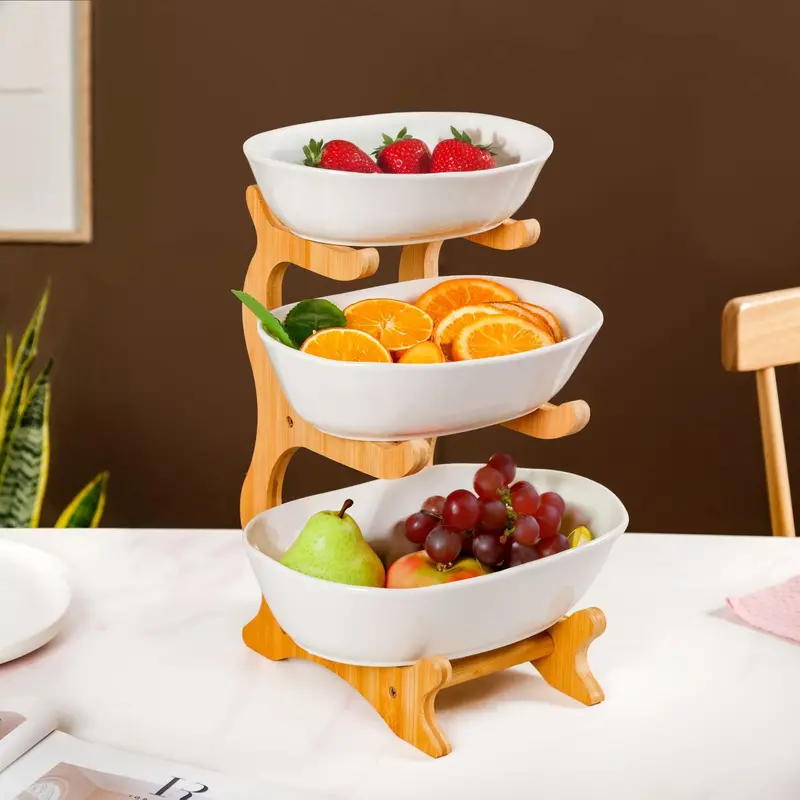 White Ceramic 3-Tier Fruit Bowl With Stand 1