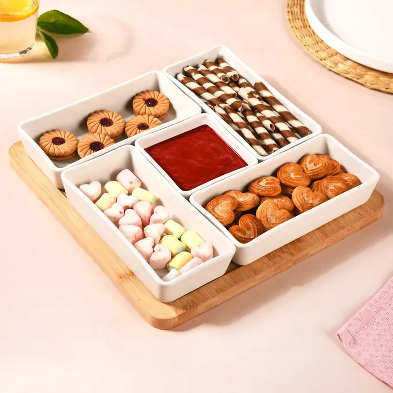 White Ceramic Bowl Set (5-Piece) With Bamboo Presentation Tray 1