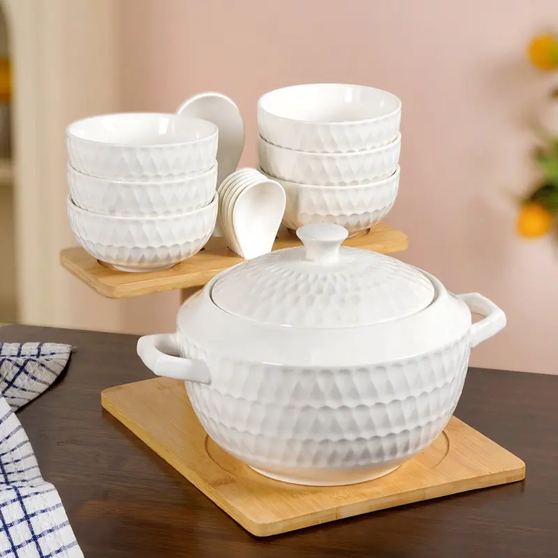White Ceramic Tableware Set – Pot, Bowls, Spoons & Wooden Display Stand 1