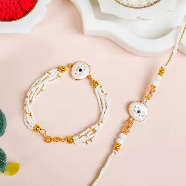 White Evil Eye Rakhi Bracelet Set For Protection 1