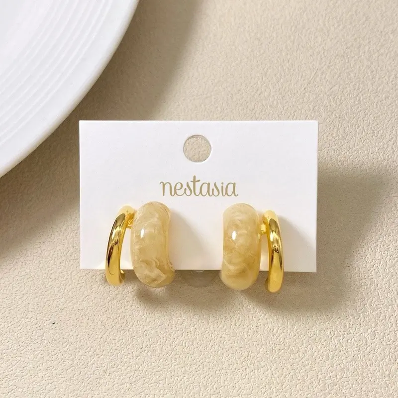White Marble Double Huggie Earrings 1