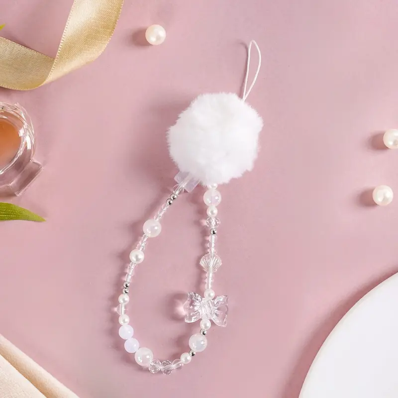 White Pom Pom Phone Charm Lanyard – Clean, Playful Style 1