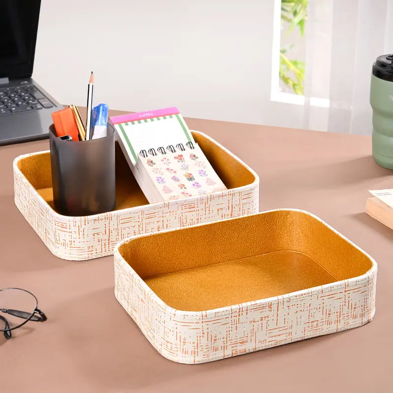 White Quadrata-Pattern Desk Organizer Tray – Set Of Two 1