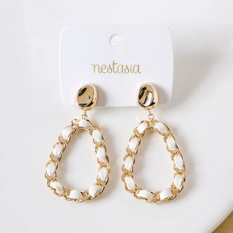 White-Threaded Gold Dangle Earrings – Textured Metallic Design 1