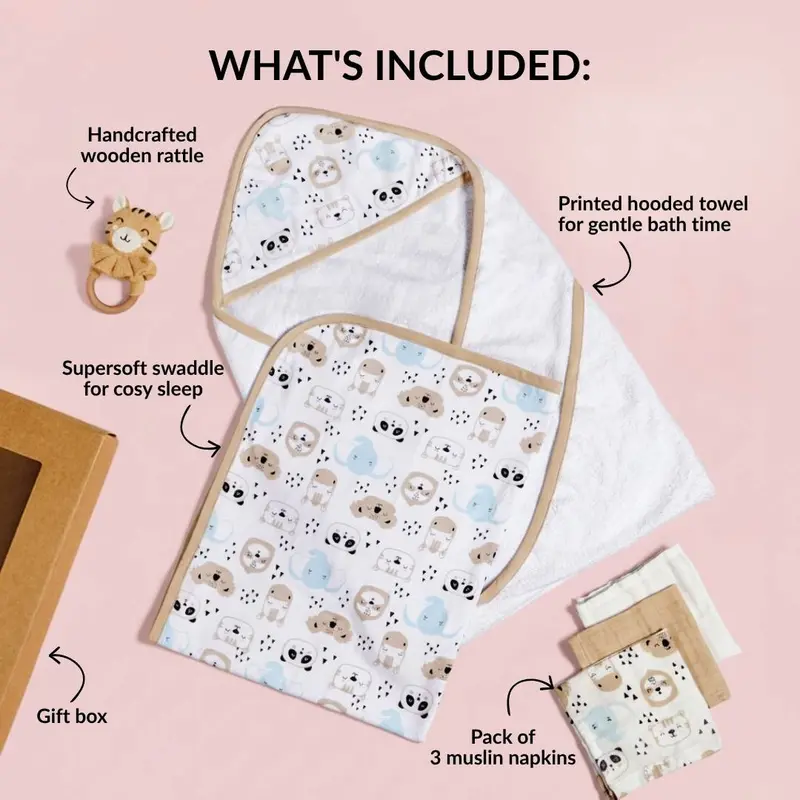 Wild One Baby Shower Gift Set – Organic Towel, Swaddle, Rattle & Napkin 1