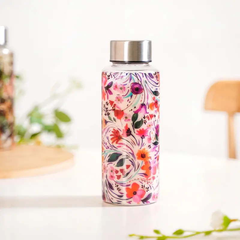 Wildflower Motif Glass Water Bottle – 500Ml, Leakproof Design 1