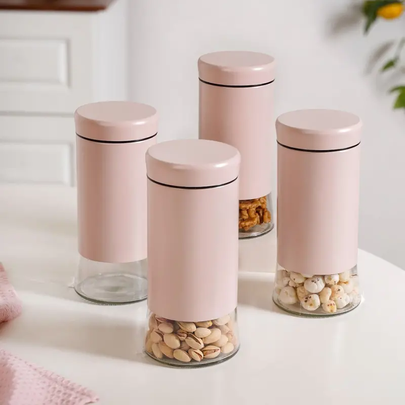 Winnie Pink Dual-Material Canister Set – 4 X 1000Ml Glass & Metal Jars 1