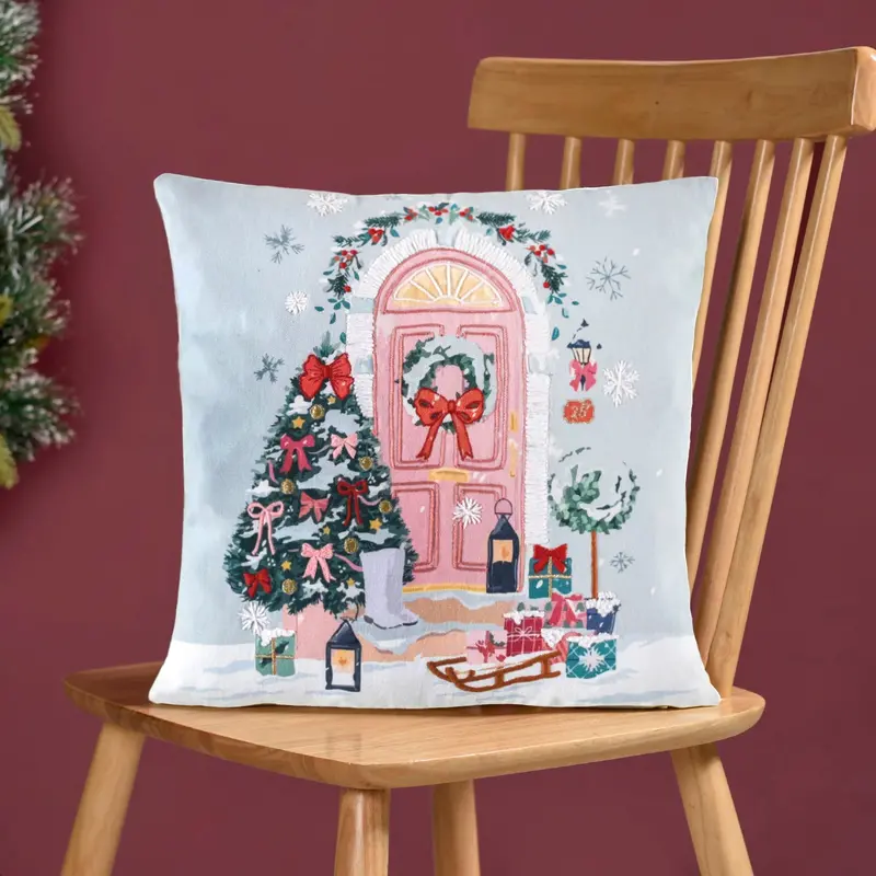Winter Wonderland Scene Embroidered Cushion Cover – 40X40Cm 1
