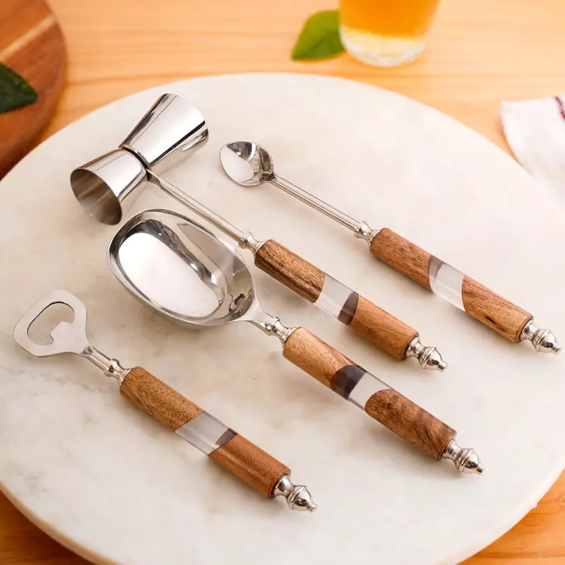 Wood-Resin & Stainless Steel Bar Tool Kit – 4-Piece Set With Display Stand 1