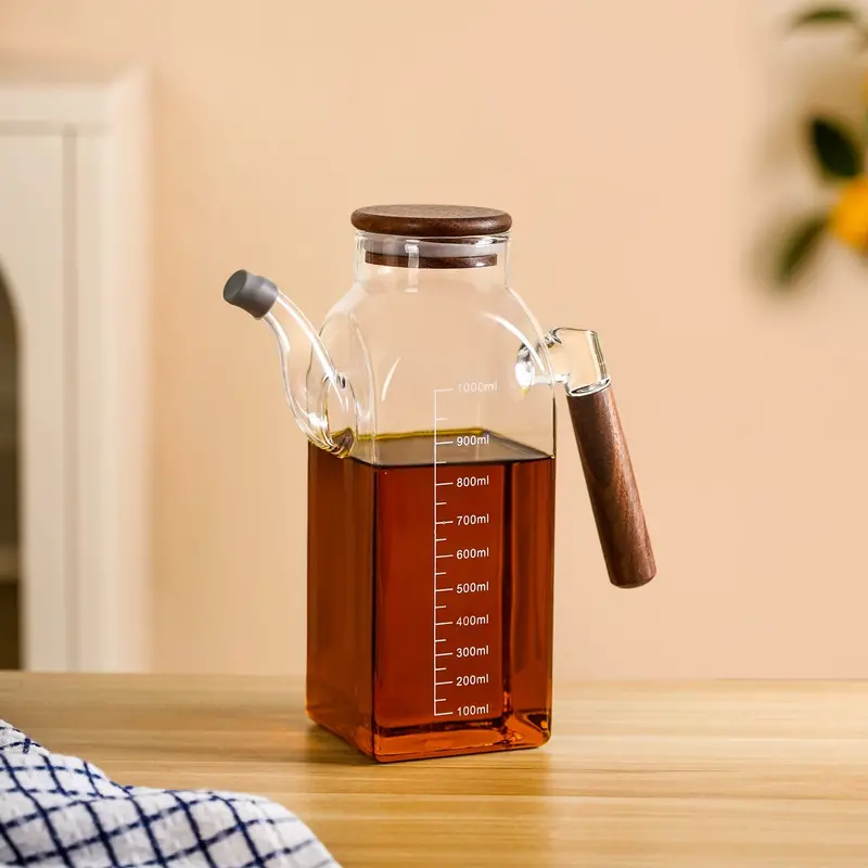 Wooden-Lid Ribbed Glass Oil Dispenser – 1000Ml Premium Kitchen Bottle 1