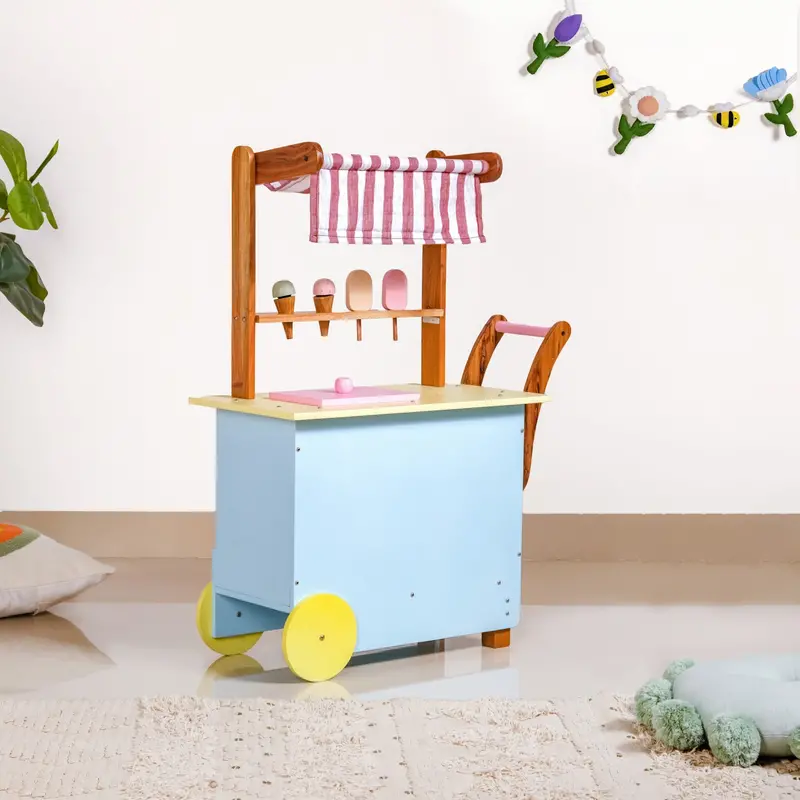 Wooden Pretend Play Ice Cream Cart Toy With Realistic Scoops 1