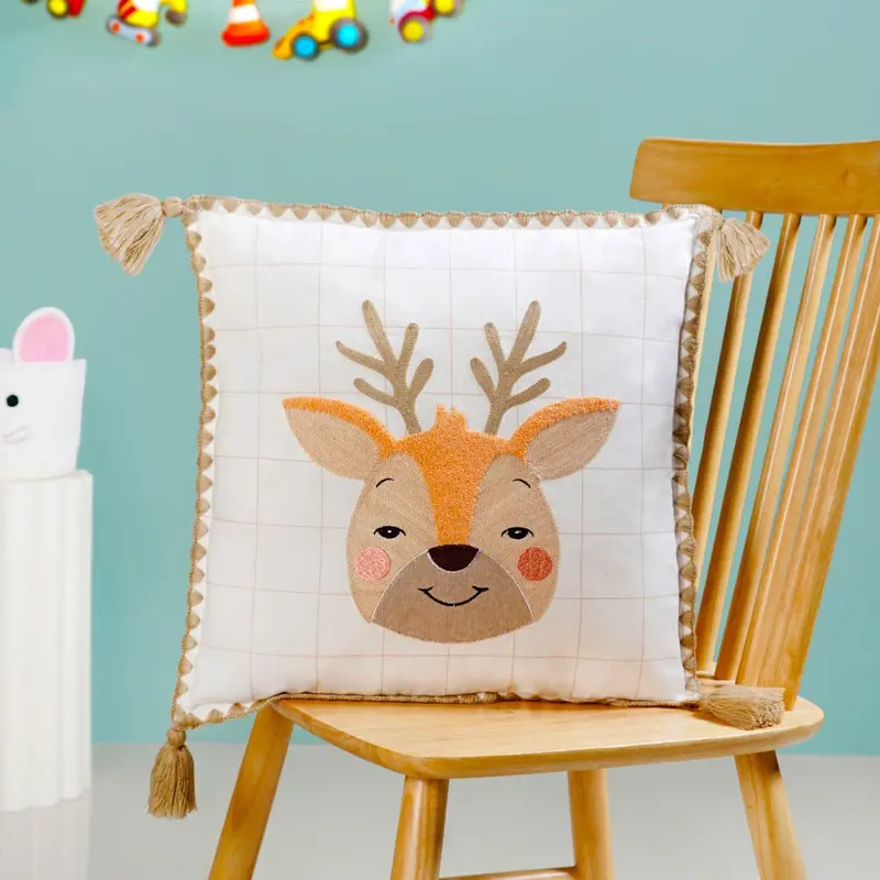Woodland Deer Embroidered Cotton Cushion Cover (42X42 Cm) 1
