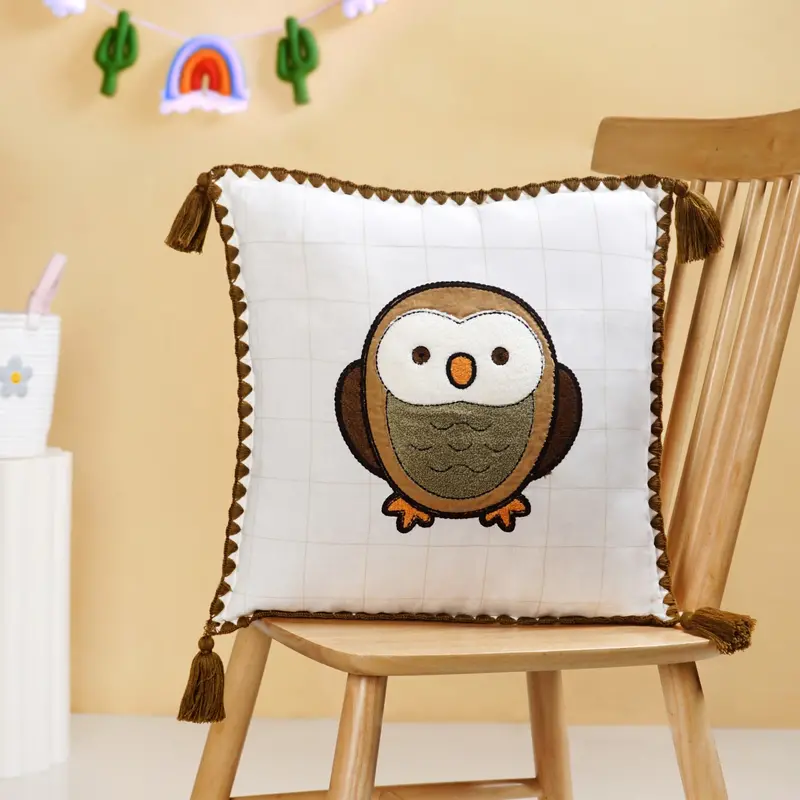 Woodland Owl Embroidered Cushion Cover With Tassels (42X42 Cm) 1