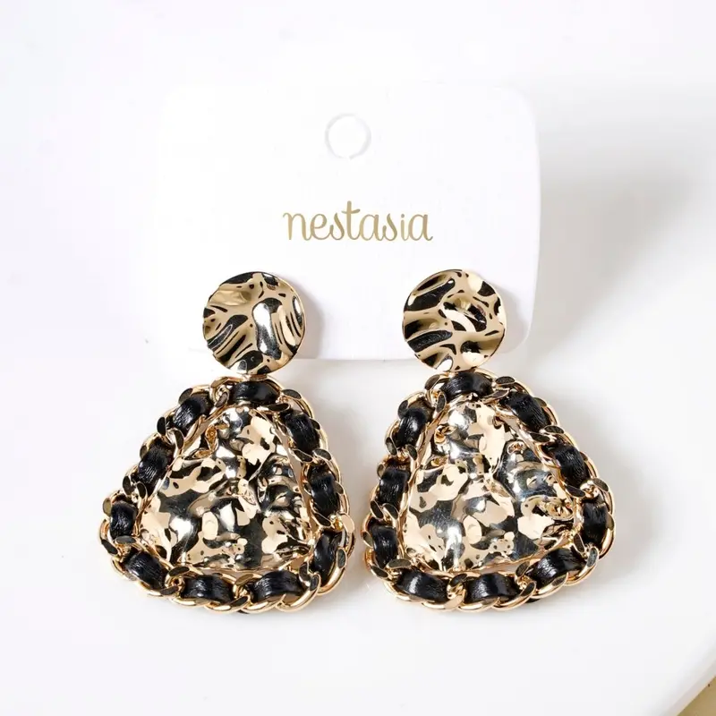 Woven Black Hammered Metal Dangle Earrings 1