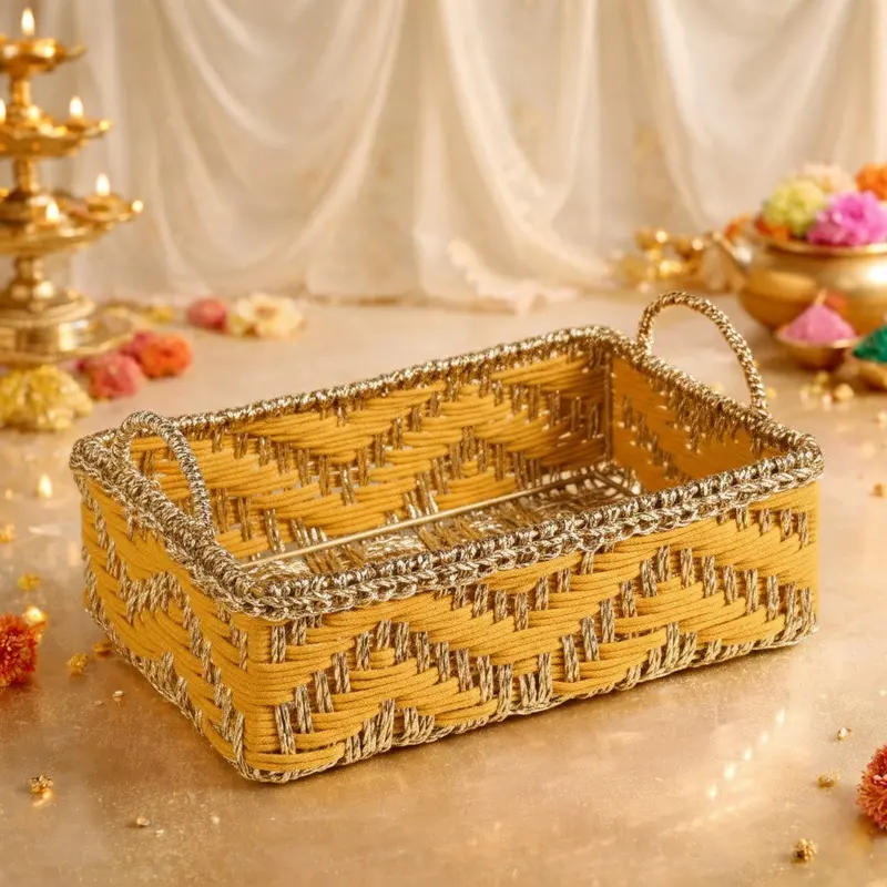 Yellow Handwoven Tray Basket – Bright, Lightweight Woven Serving Or Display Tray 1