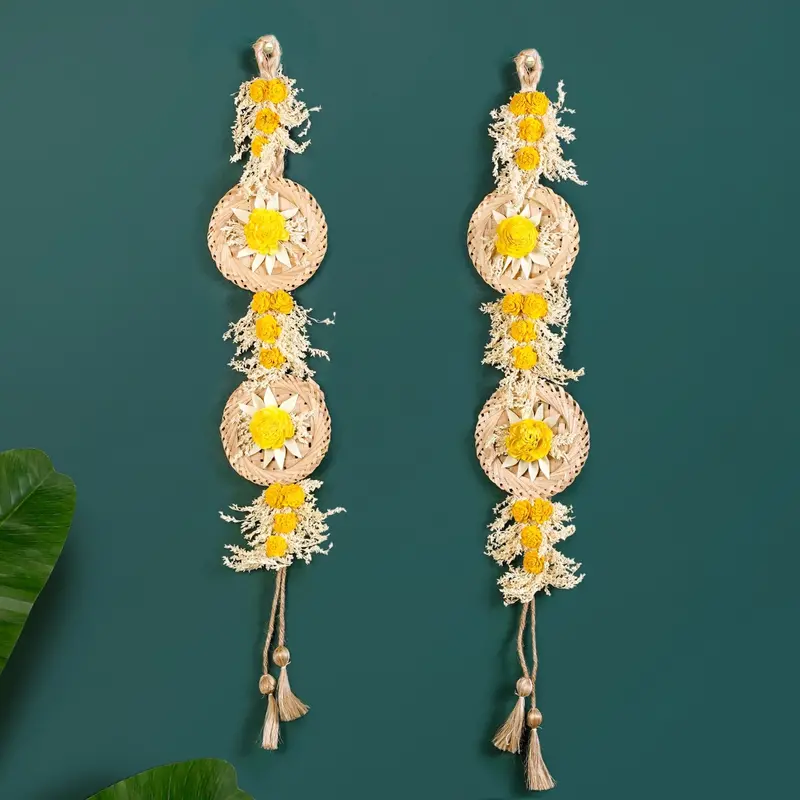 Yellow Jute Wall Hanging With Natural Flowers – Set Of 2 1
