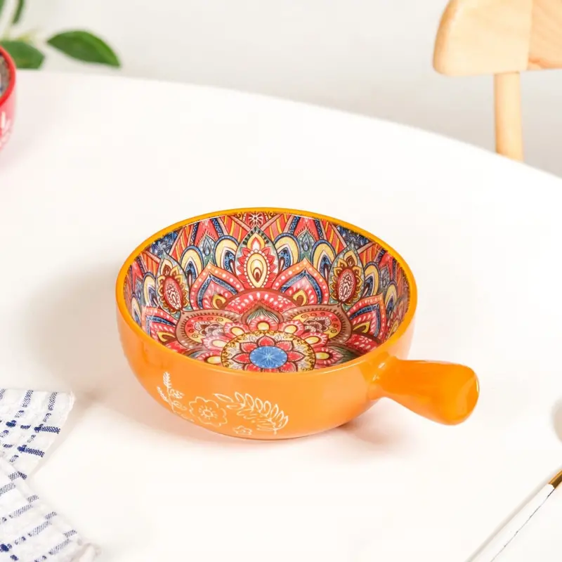 Yellow Mandala Melange Ceramic Bowl With Handle – 600Ml 1