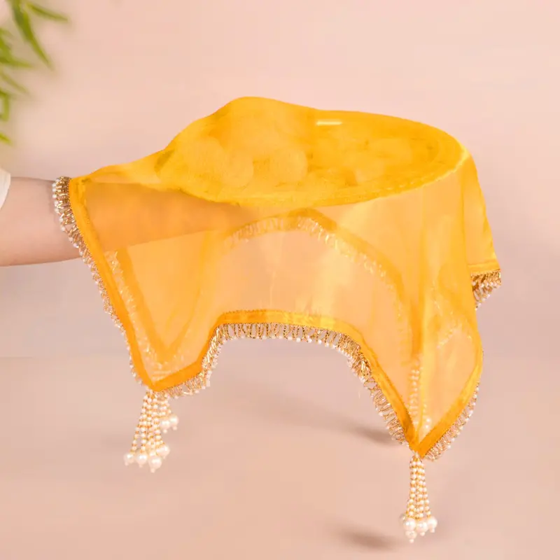 Yellow Tasselled Organza Thali Cover – 2-Pack Festive Ritual Accessory 1