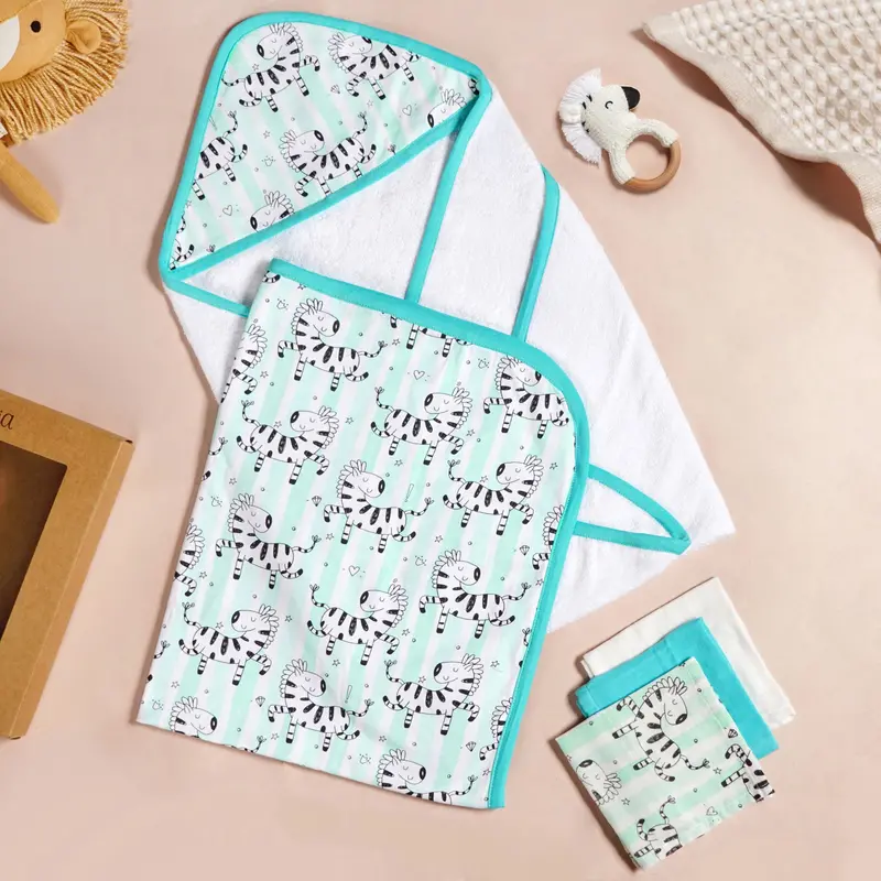 Zebra Print Baby Hamper – Coordinated Swaddle, Towel, Napkin & Rattle Collection 1